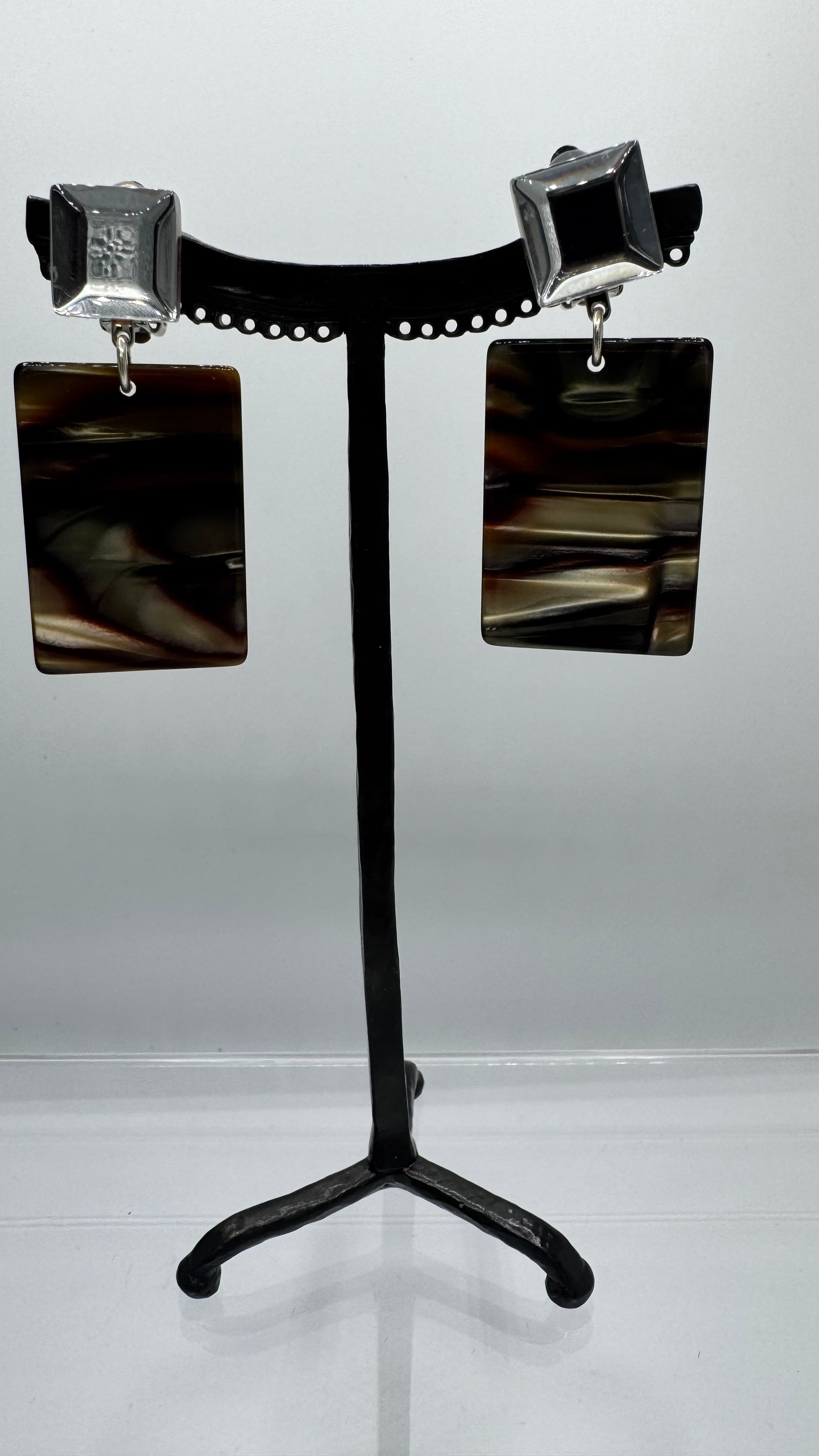 Boucles d’oreilles à clips, cabochon miroir, pendant acétate de cellulose onyx, petit modèle léger
