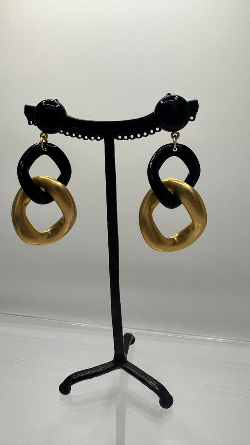 Boucles d’oreilles à clips, 2 maillons noir et or, petite taille, léger