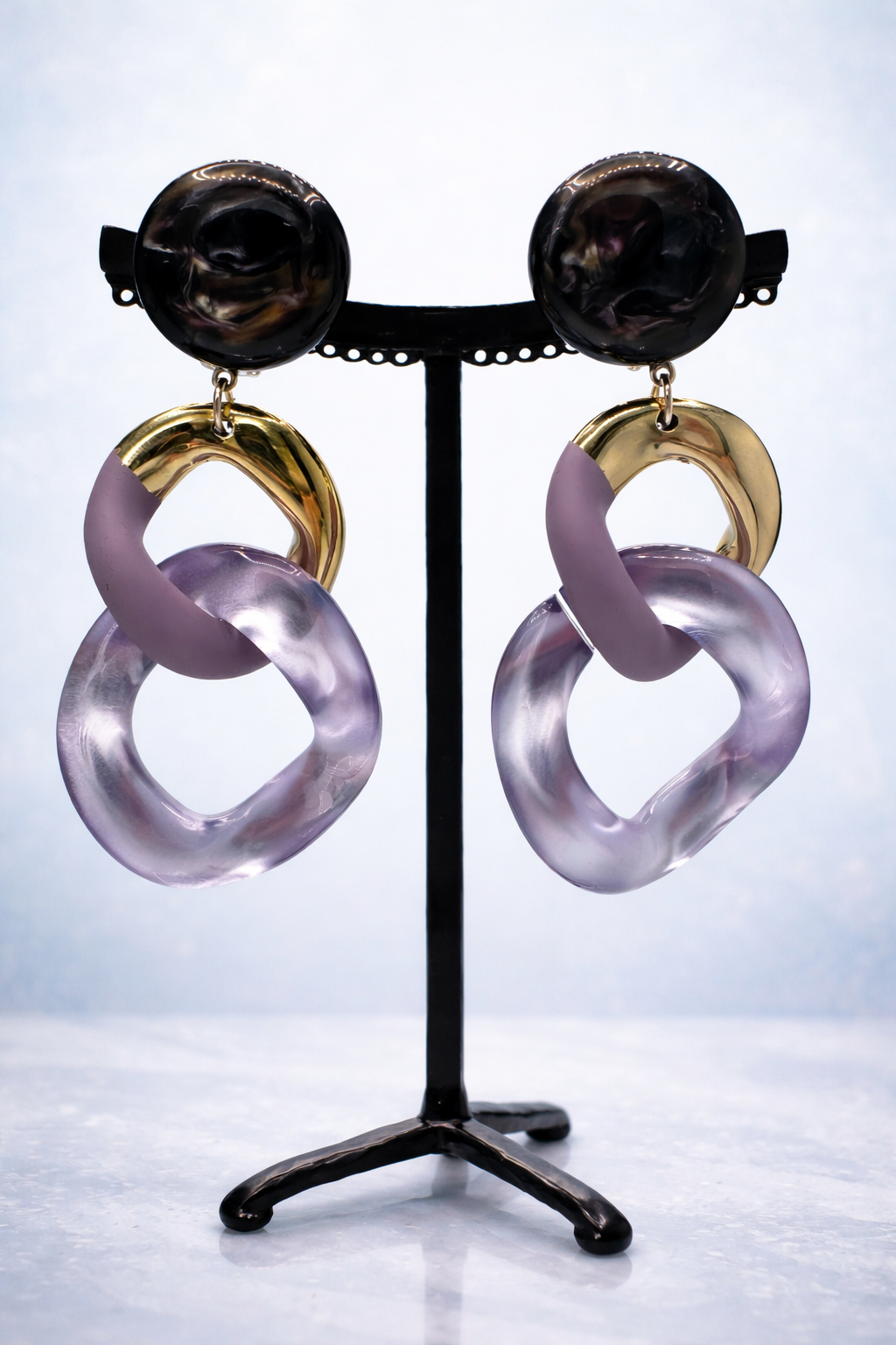 Boucles d’oreilles à clips, 2 maillons lilas et or, taille moyen, léger