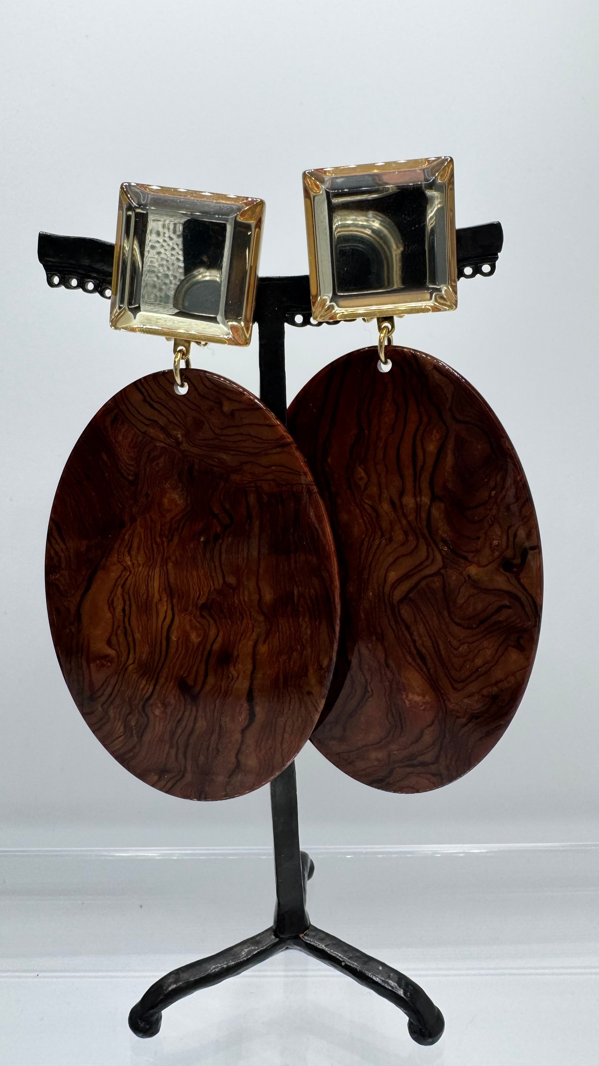 Boucles d’oreilles à clips, cabochon miroir, plaque acétate de cellulose façon bois, grand modèle, leger