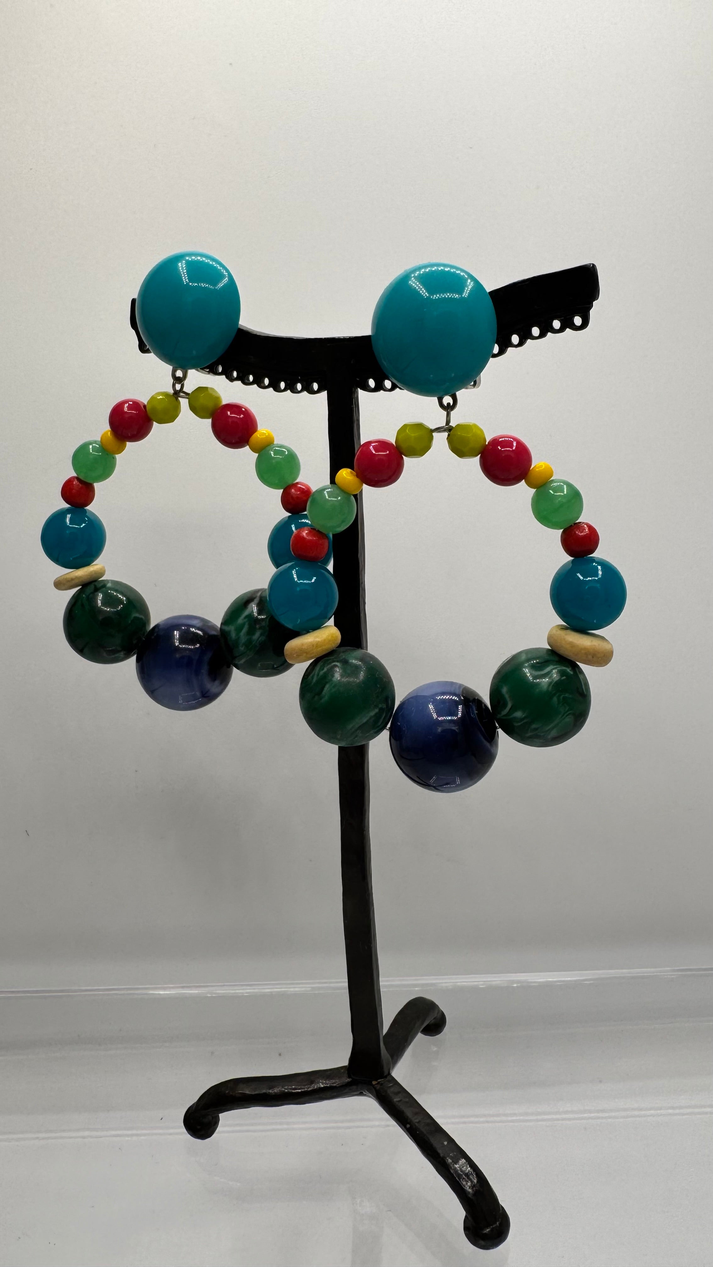 Boucles d’oreilles à clips, résine multicolore, modèle Bastille taille moyen