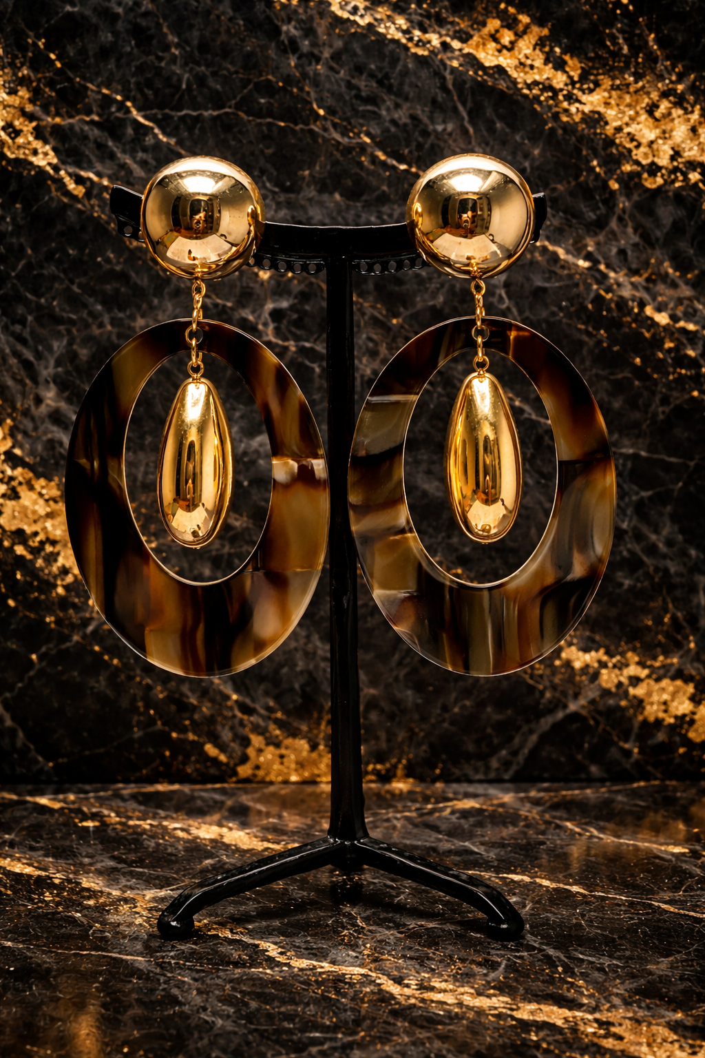 Boucles d’oreilles à clips, acétate de cellulose onyx et acier rhodié or, grand modèle