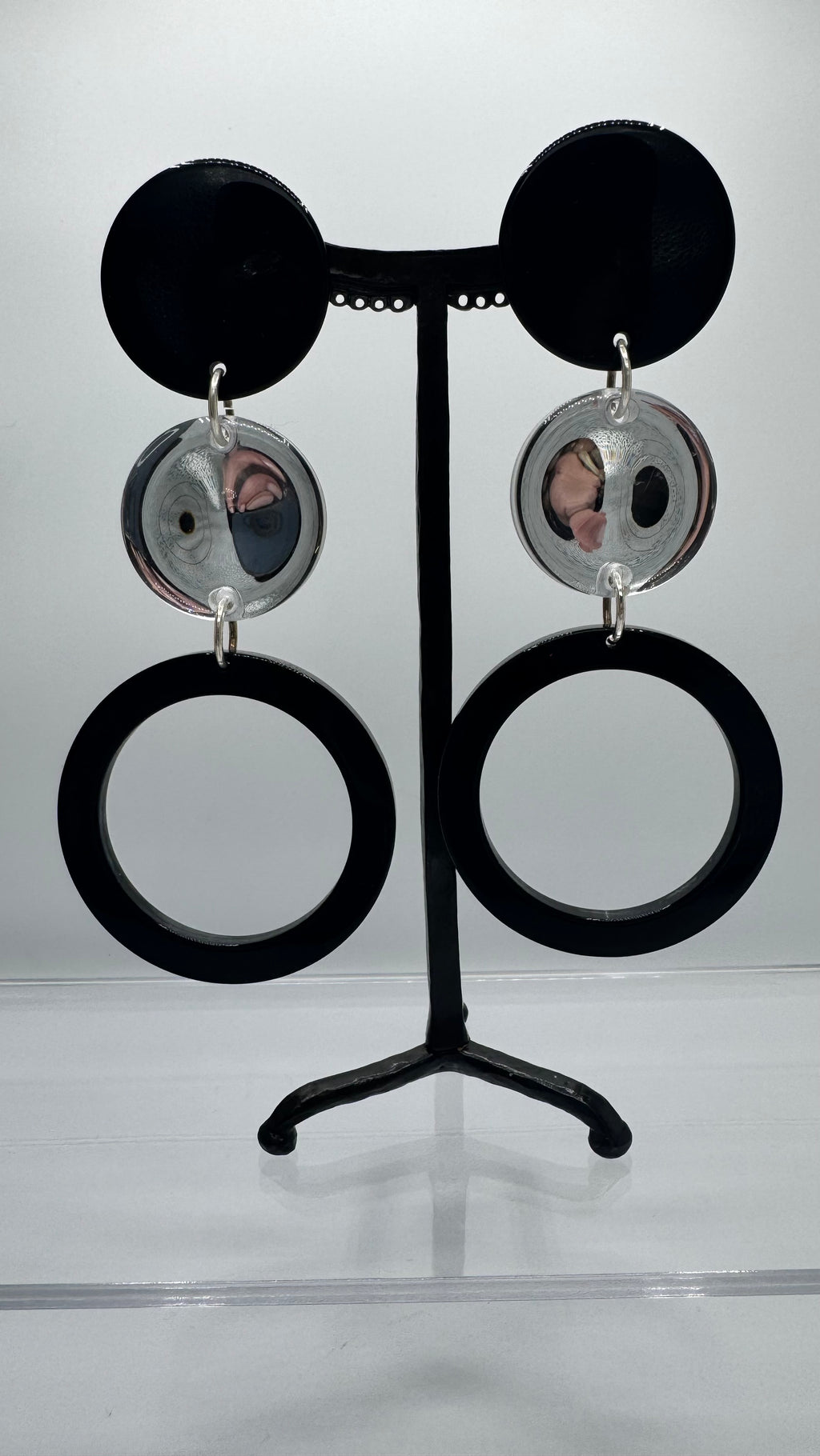 Boucles d’oreilles à clips, noir et miroir, modèle long et grand, léger