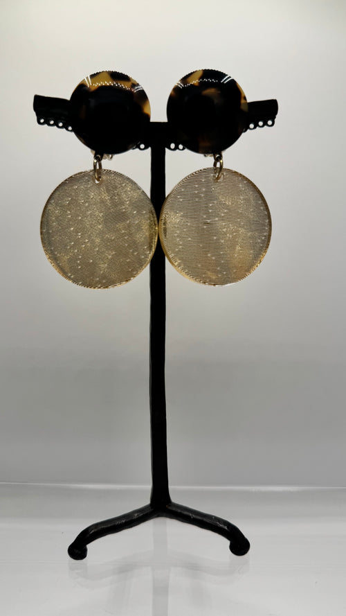 Boucles d’oreilles à clip, cabochon résine Tokyo, pendant acétate de cellulose doré, modèle taille moyenne et léger