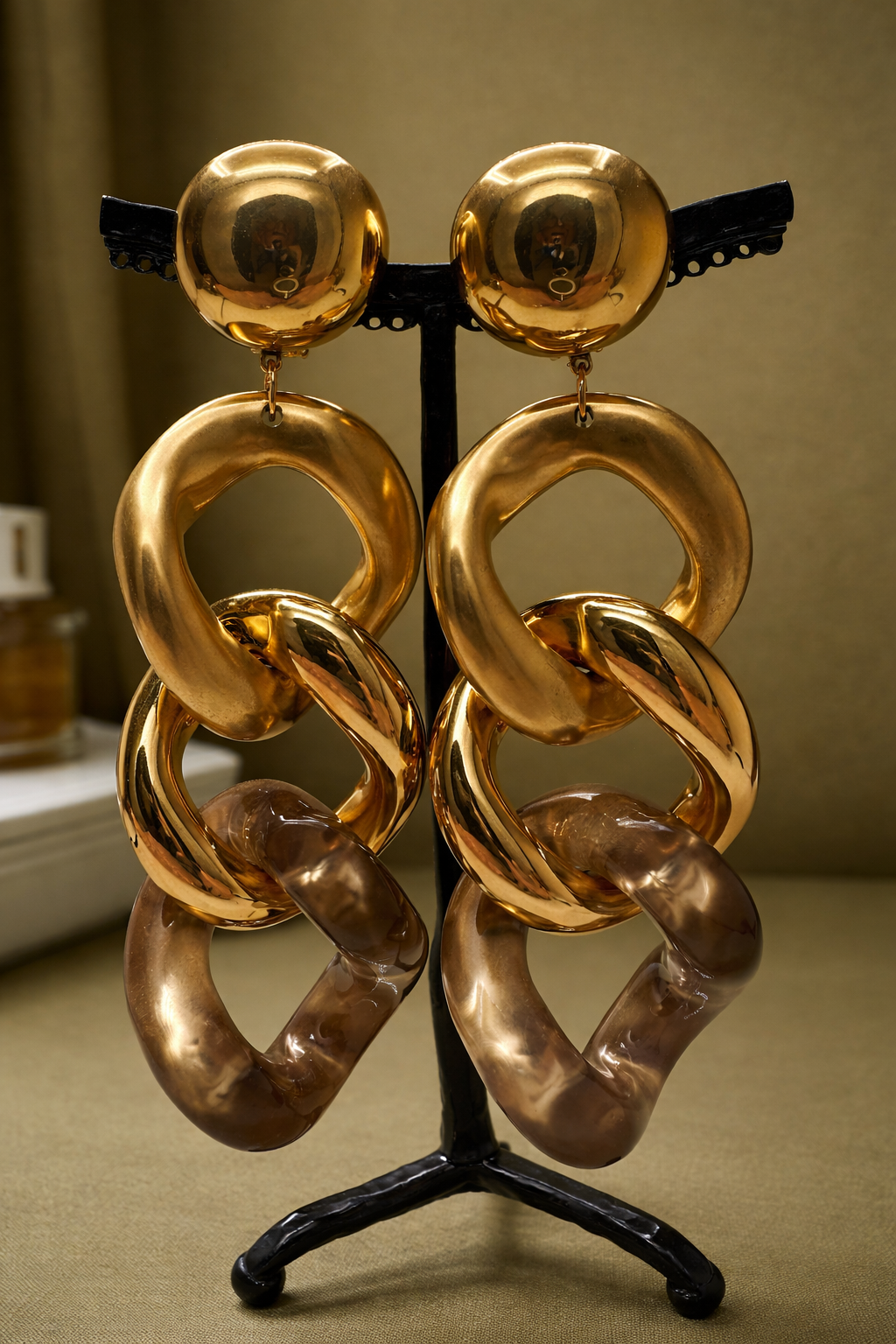 Boucles d’oreilles à clips, 3 maillons or, modèle grand et long, poids moyen