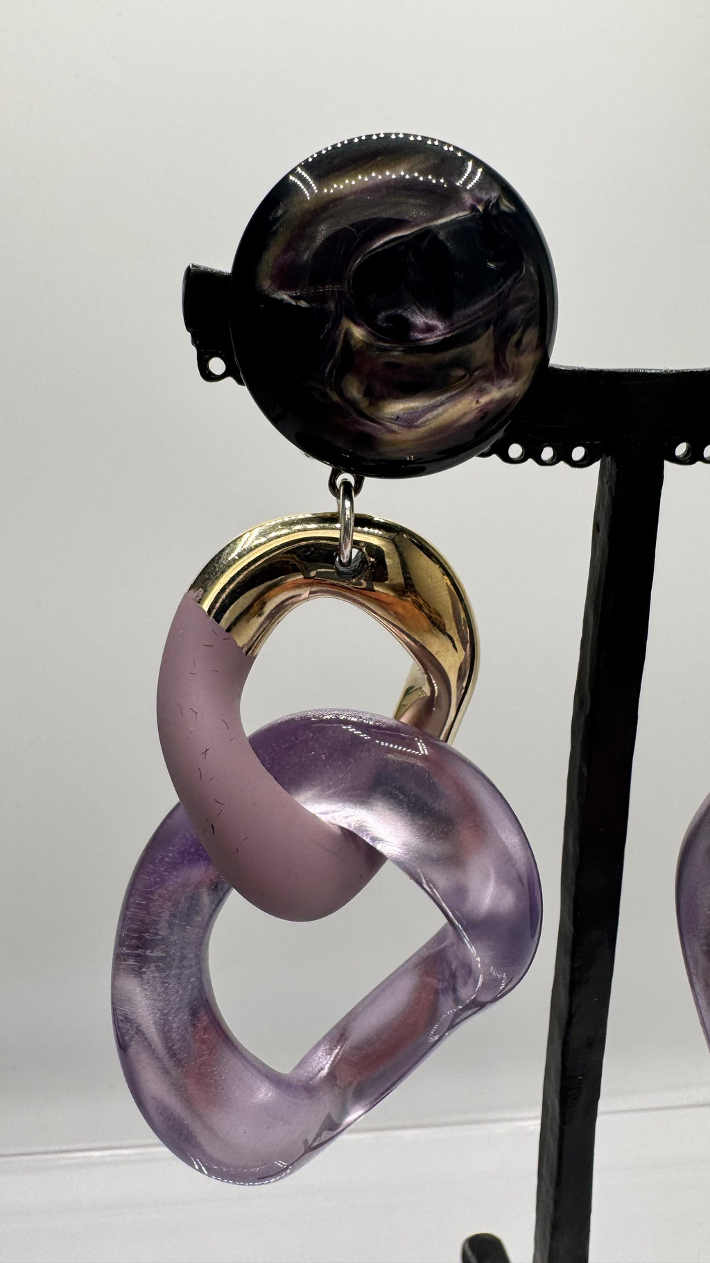 Boucles d’oreilles à clips, 2 maillons lilas et or, taille moyen, léger