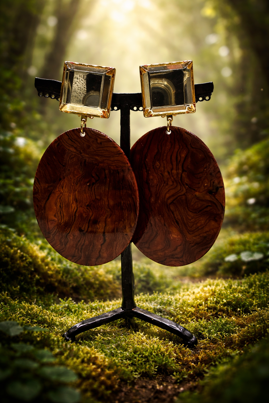 Boucles d’oreilles à clips, cabochon miroir, plaque acétate de cellulose façon bois, grand modèle, leger