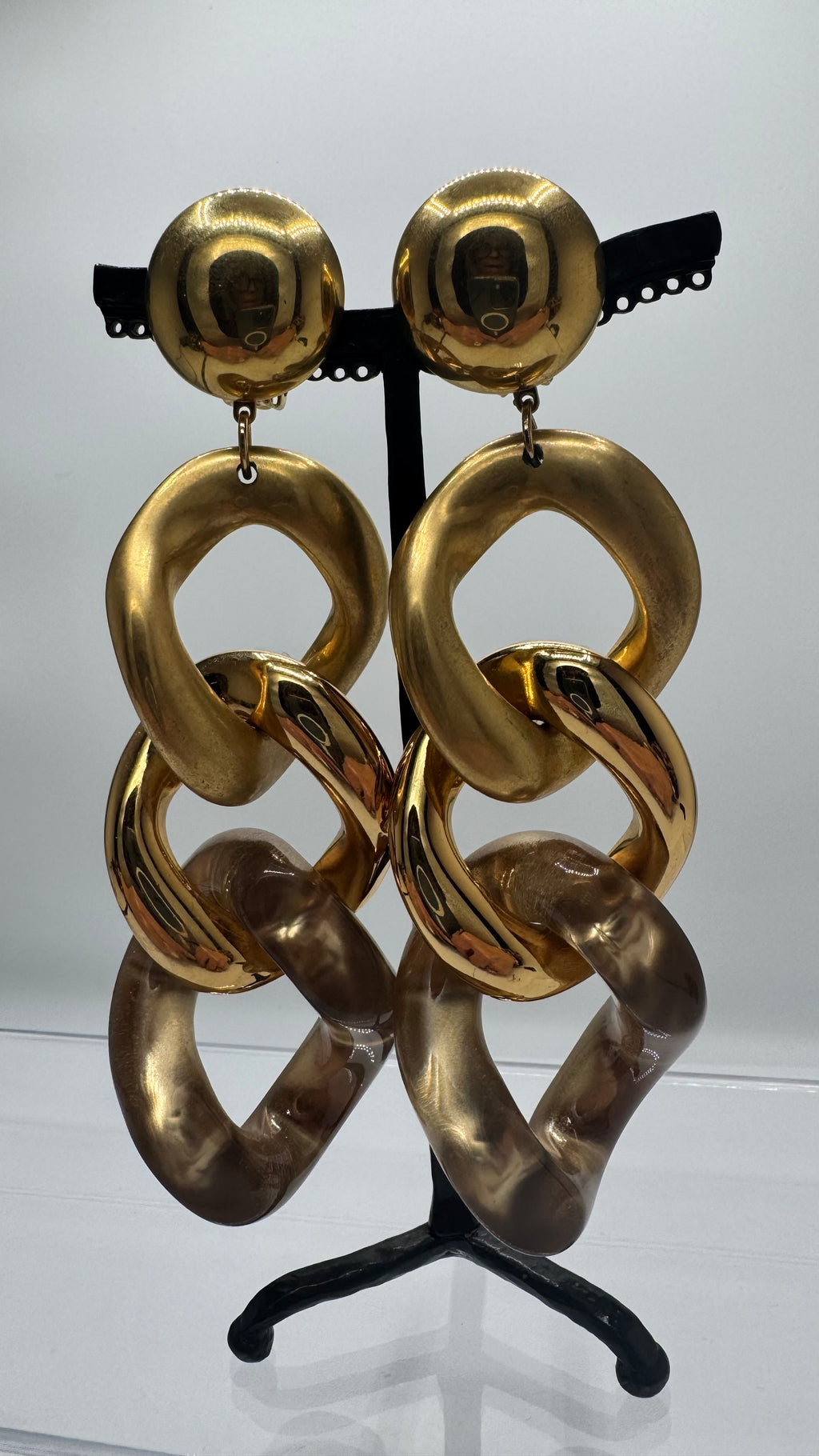 Boucles d’oreilles à clips, 3 maillons or, modèle grand et long, poids moyen