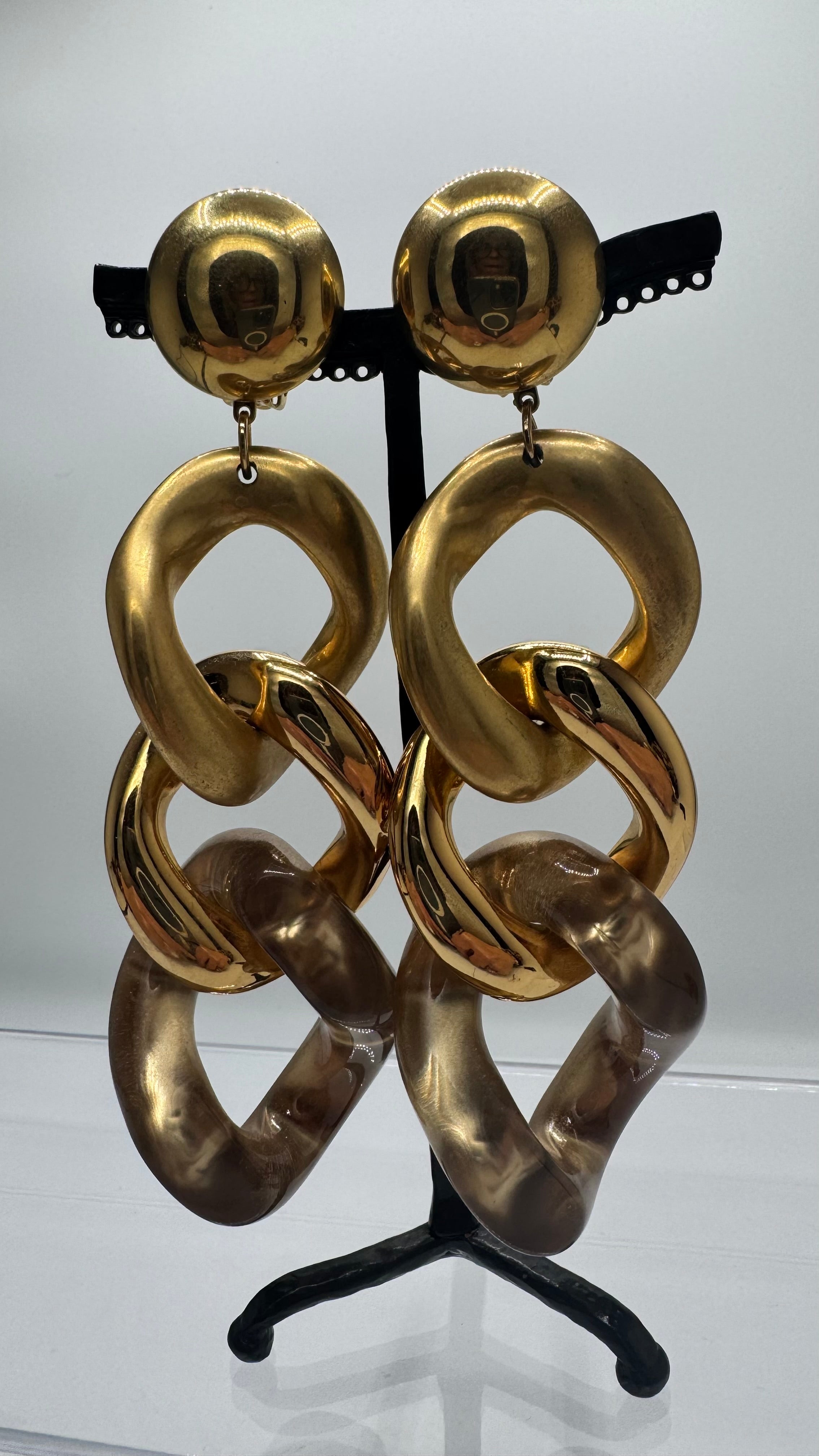 Boucles d’oreilles à clips, 3 maillons or, modèle grand et long, poids moyen