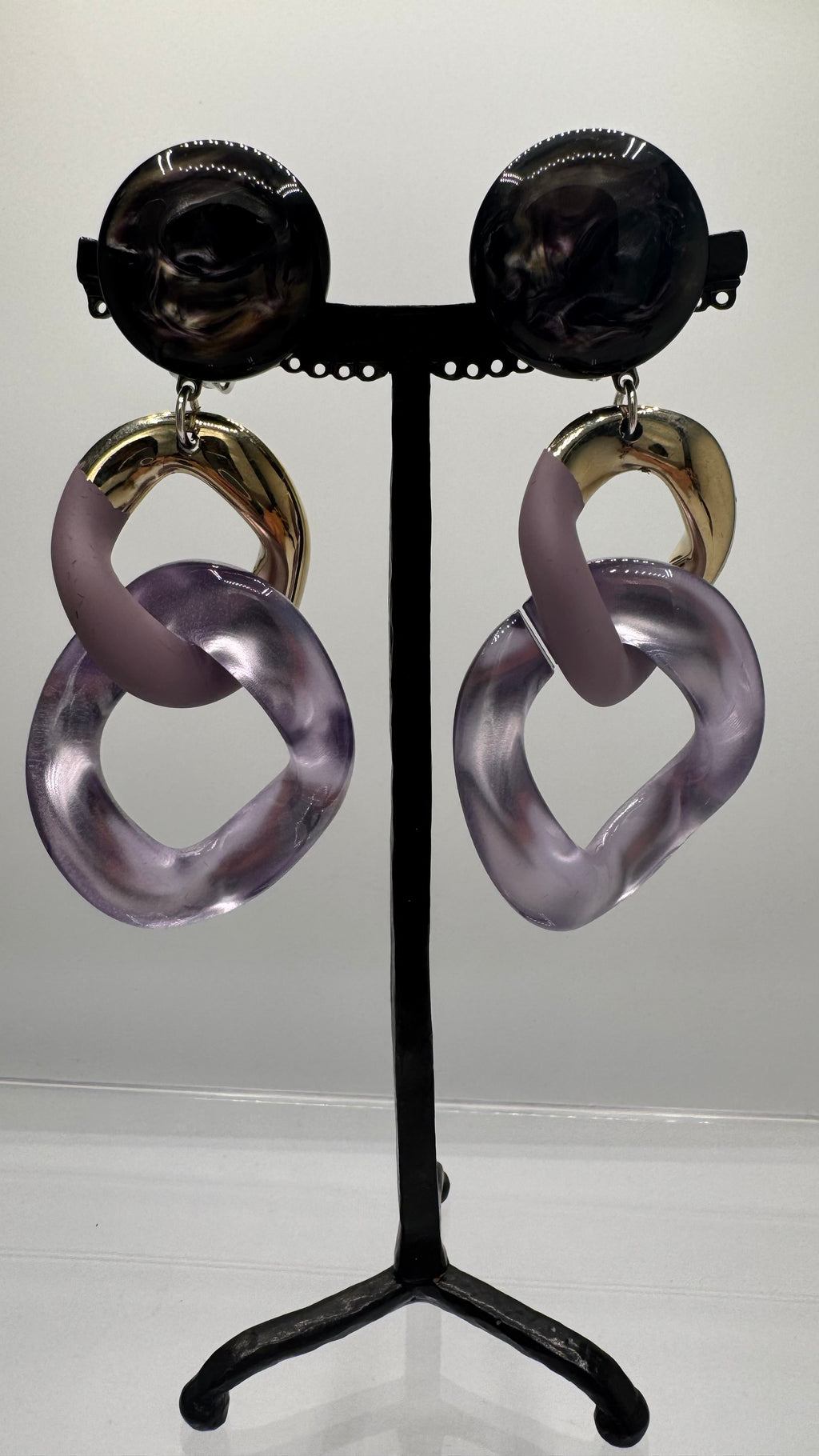 Boucles d’oreilles à clips, 2 maillons lilas et or, taille moyen, léger
