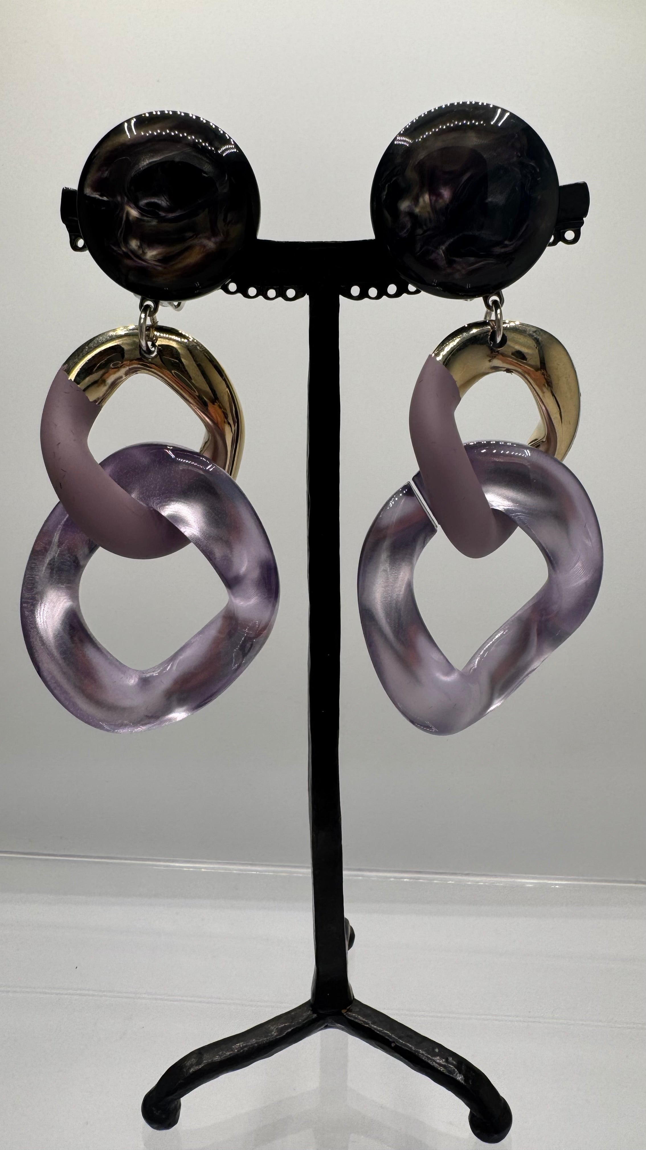 Boucles d’oreilles à clips, 2 maillons lilas et or, taille moyen, léger