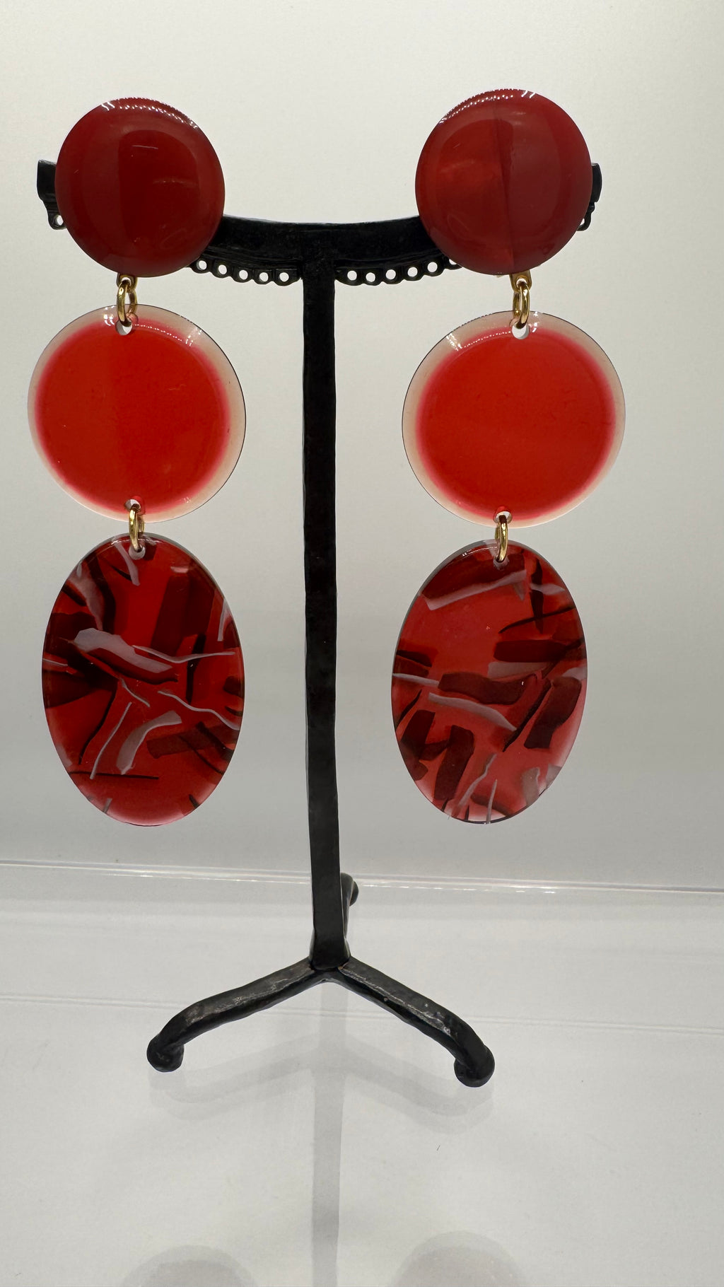 Boucles d’oreilles à clips, acétate de cellulose rouge, longue, taille grande, léger