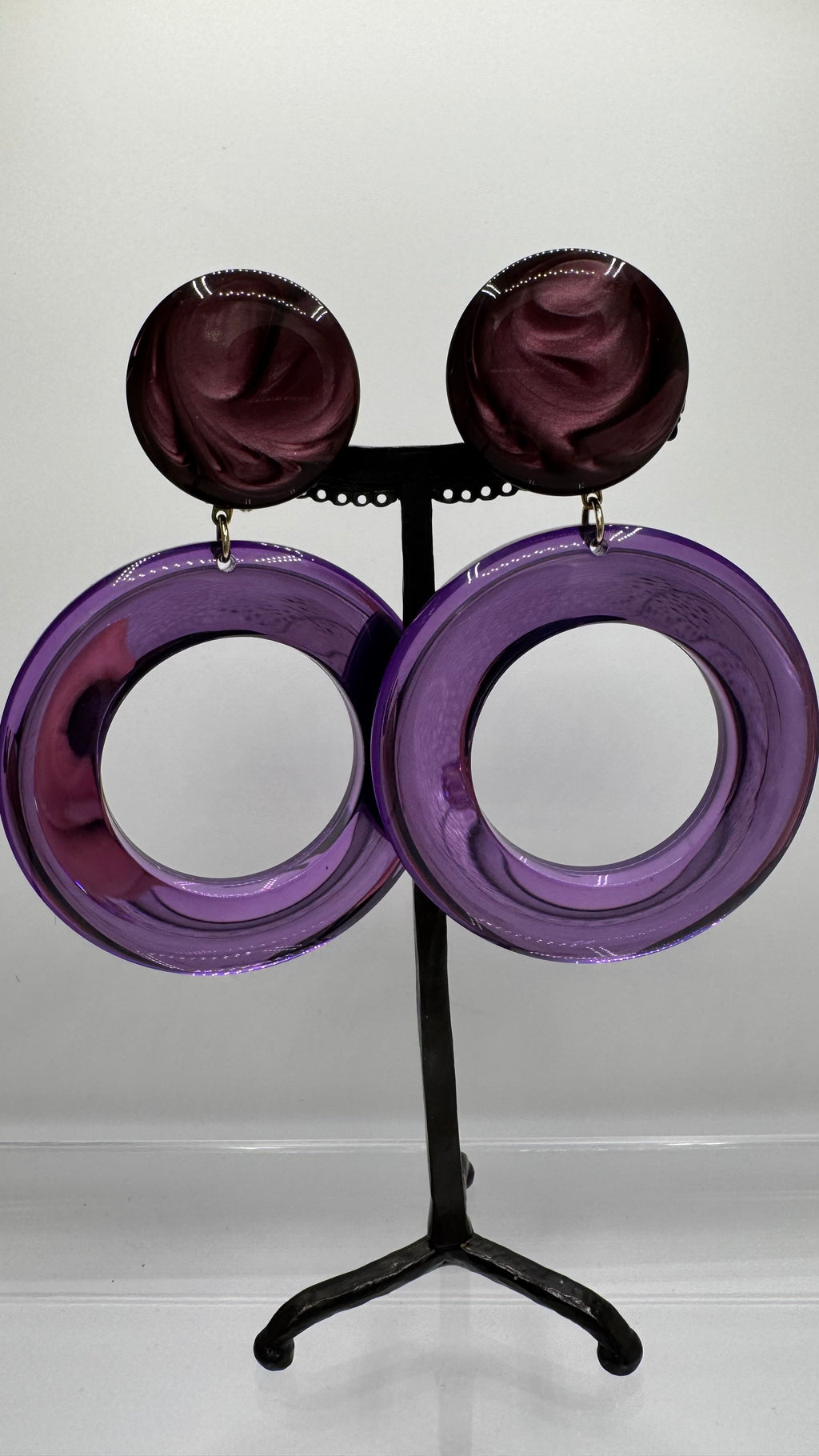 Créoles à clips, miroir et cabochon marbré, grande taille