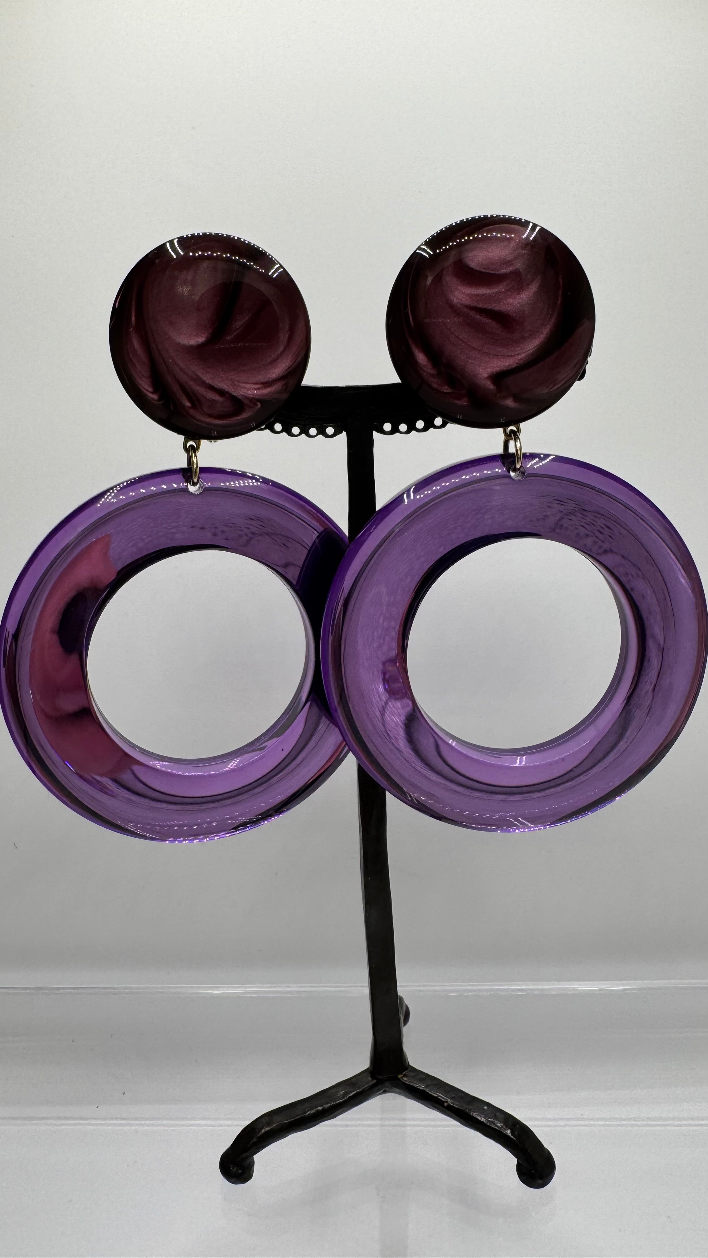 Créoles à clips, miroir et cabochon marbré, grande taille