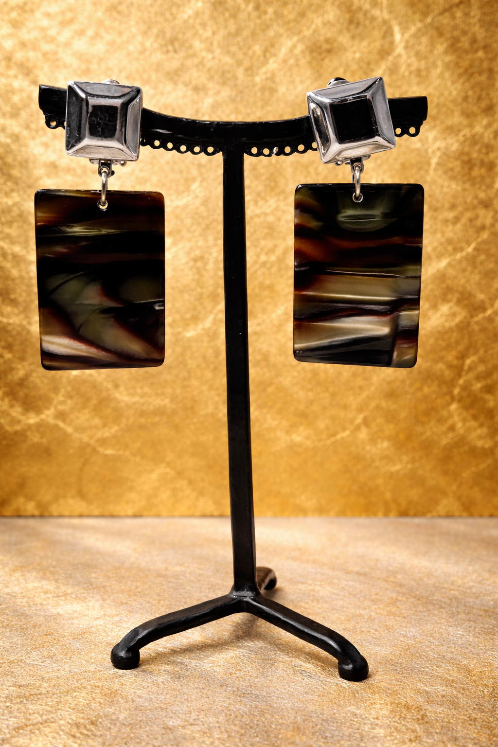 Boucles d’oreilles à clips, cabochon miroir, pendant acétate de cellulose onyx, petit modèle léger