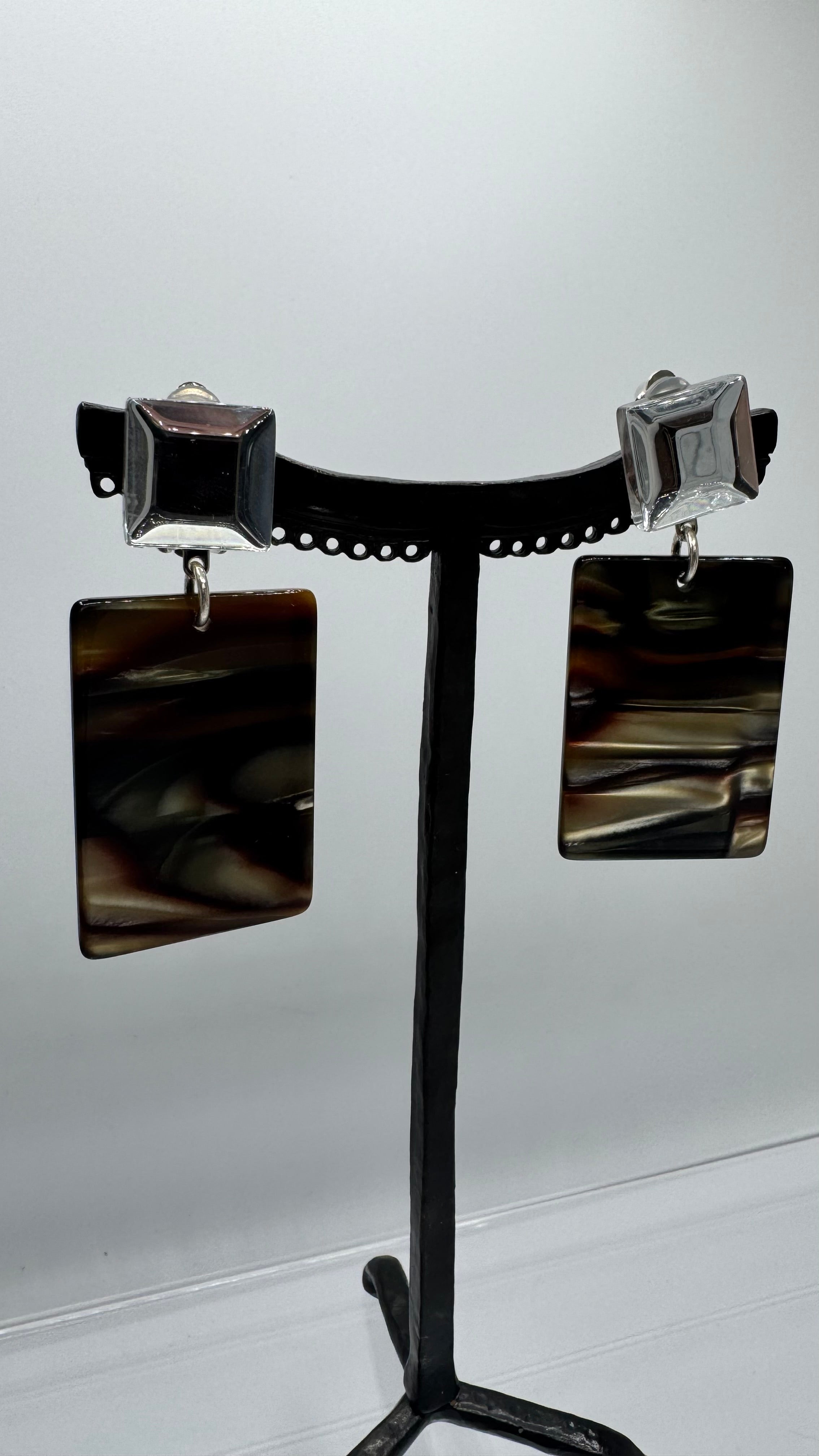Boucles d’oreilles à clips, cabochon miroir, pendant acétate de cellulose onyx, petit modèle léger
