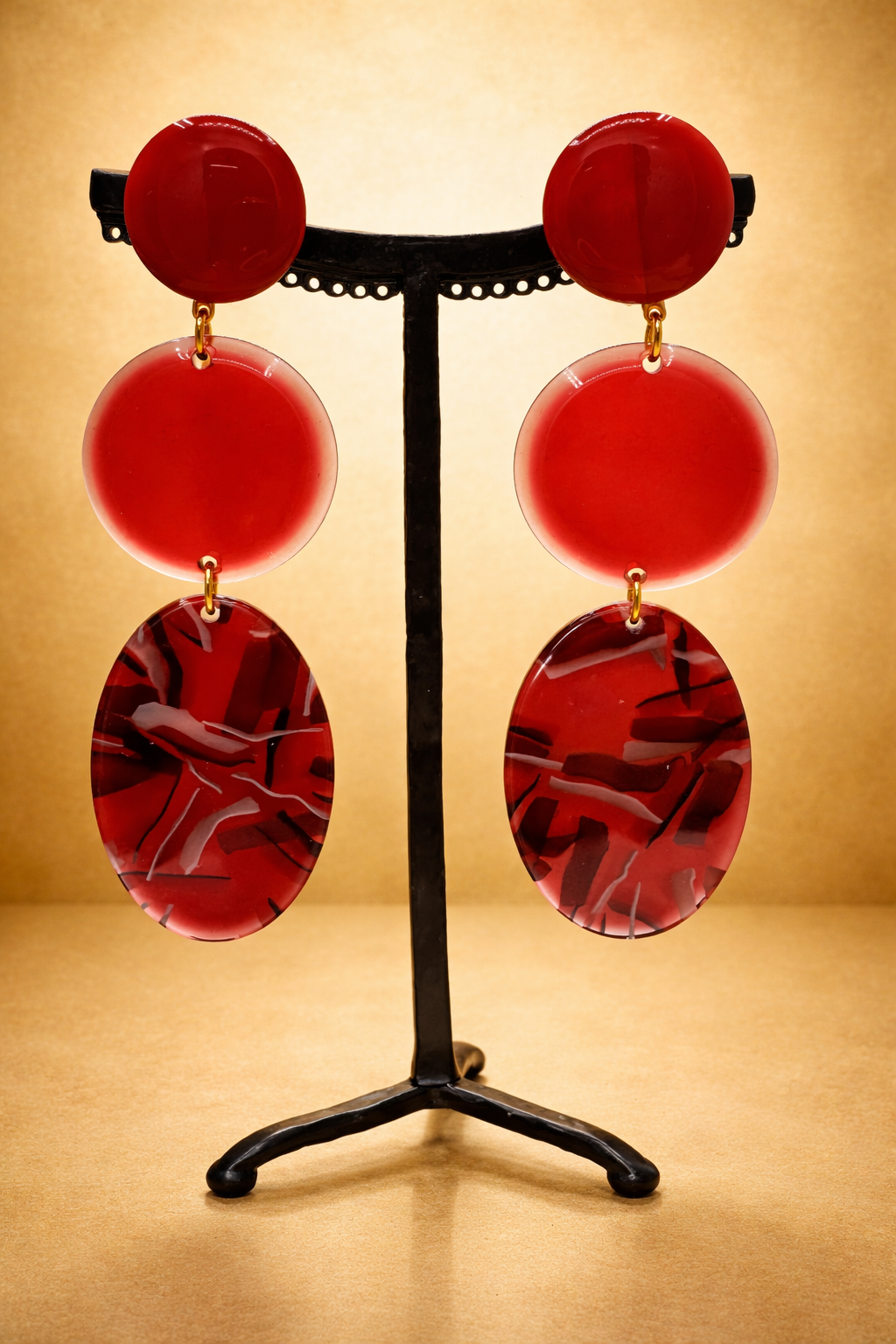 Boucles d’oreilles à clips, acétate de cellulose rouge, longue, taille grande, léger