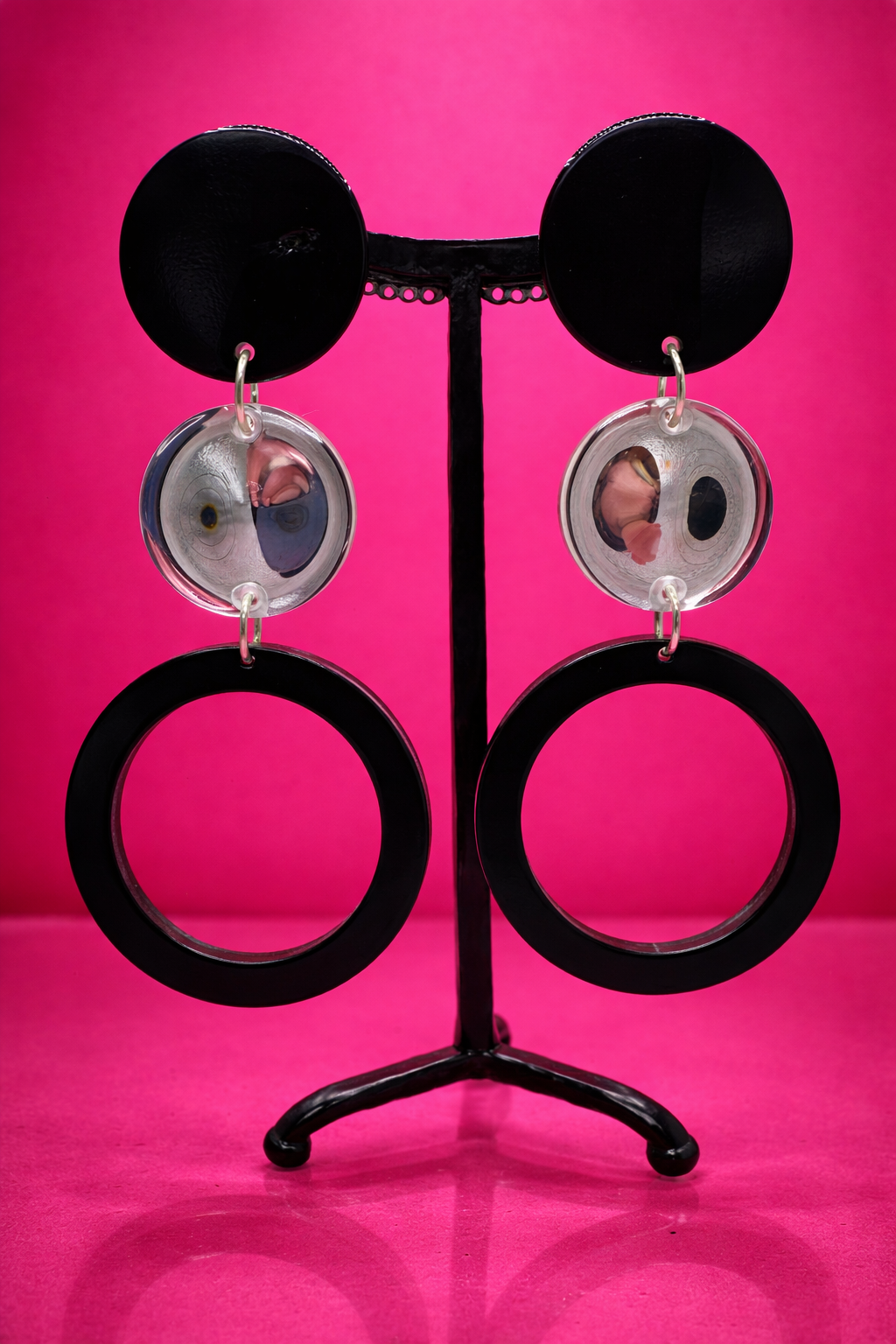 Boucles d’oreilles à clips, noir et miroir, modèle long et grand, léger
